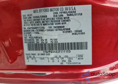 2002 Ford Mustang z USA, uszkodzony, nr VIN 1FAFP44482F111153